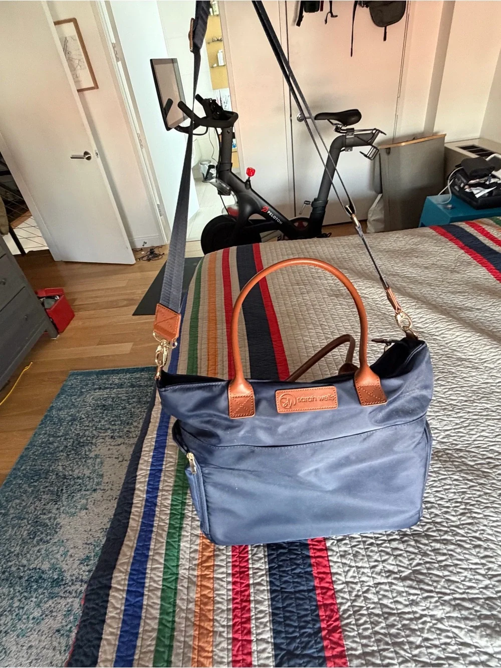 Sarah Wells Pump Bag Navy Tote with Tan Leather Handles